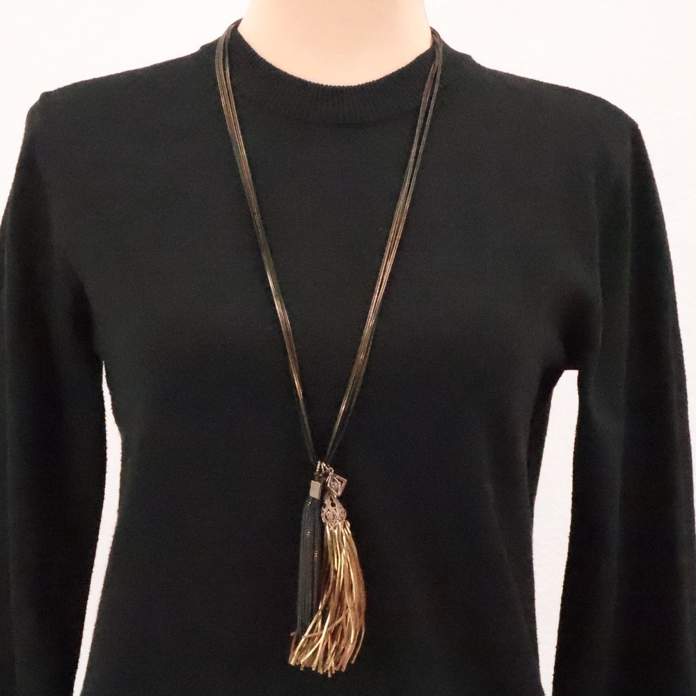 Boho Tassel Long Pendant Necklace Gold Black Mixed Media‎ Layering Statement
